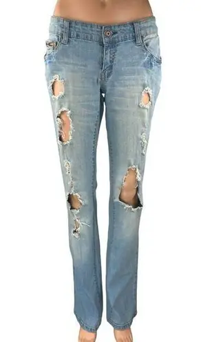Ariya Jeans Ariya Women's Blue Distressed Low Waist Straight Leg Denim Jeans Pants Size 7/8