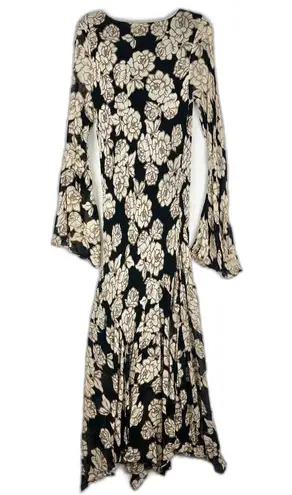 Vintage Lola P Beaded Floral Maxi Dress Size XL Cowl Neck Long Sleeve 90s Y2K Black