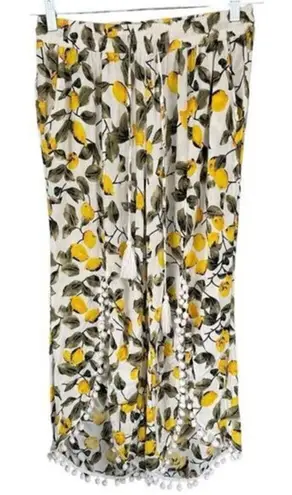 Solitaire Swim B7 Women's Lemon Print Wide Leg Pants Pom Pom Trim M