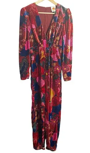 Farm Rio Snake Garden Red Velvet Floral Print V-Neck Long Sleeve Jumpsuit Sz XS