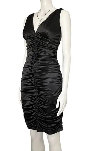 Vintage Y2K Black Satin Ruched V Neck Midi Cocktail Party Dress. XS. Graduation