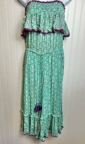 Anthropologie  Tessora Strapless Green Flowy Jumpsuit Pom Fringe