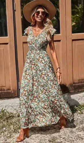 Ditsy Floral Ruffle Trim V Neck Smocked Waist Boho Maxi Dress M L XL Nwt Green Size M