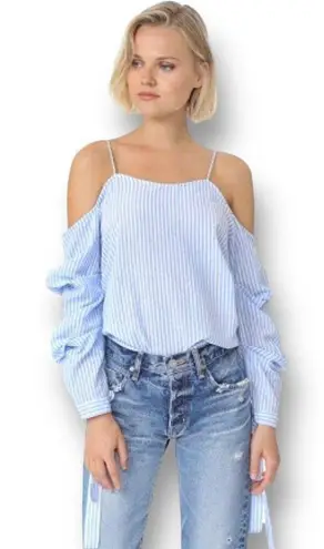 After Market S Blue White Cold Shoulder Striped Peasant Cottagecore Blouse NWT
