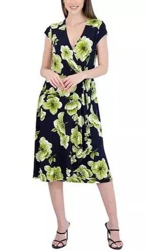 Robbie Bee NWT Petite Side-Ring Dress, Navy Lime Size M New w/Tag Retail $69