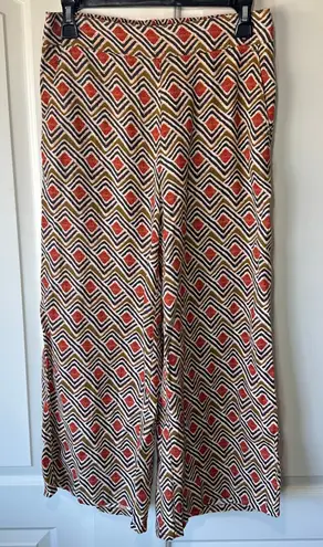 Tahari Linen Wide Leg Geometric Print Pants Elastic Waist Boho Orange Brown S