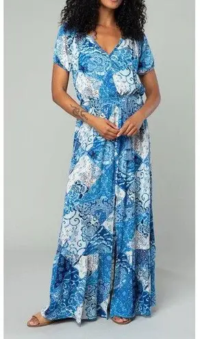 Love Stitch Bedford Patchwork maxi dress Blue Short Sleeve Tasselled Size M New