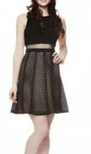 Betsy and Adam Betsey & Adam Black Tan Chevron Stripe Semi Sheer Waist Fit & Flare Dress