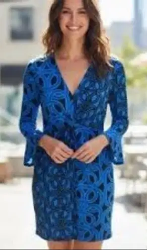 London Times Dress Womens Size 4 Blue Black Geometric Print V Neck Long Sleeve - Image 1