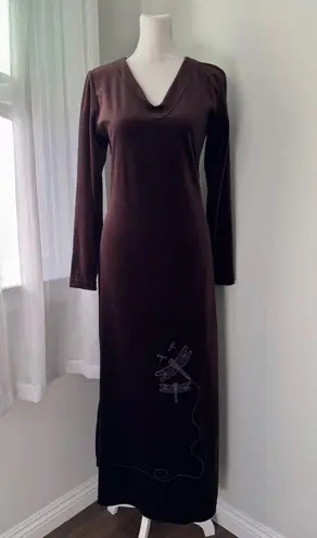 Vintage Y2K Bodywear of California Dark Brown Dragonfly Embroidered Maxi Dress Size XS