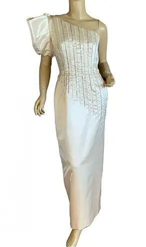 VINTAGE 1980'S HAND CRAFTED CREAM RHINESTONE SATIN SINGLE SHOULDER DRESS (S) White