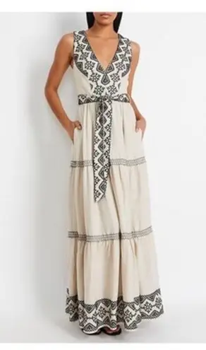 PatBO Sleeveless Linen Tan and Black Embroidery Maxi Sun Dress sz 6