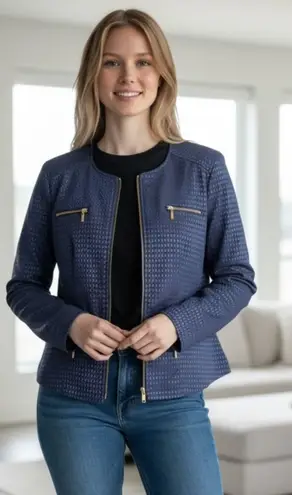 Laura Ashley Womens Blue Jacquard Jacket With Gold Zippers Size M