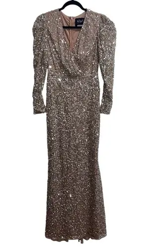 Mac Duggal NEW NWT Puff Shoulder Sequined Surplice Gown Shimmering Gold