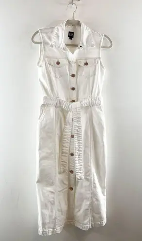 Gap  Cotton Sleeveless Collared Button Front Belted Denim Midi Dress White 2