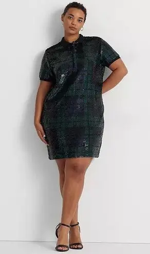 Lauren Ralph Lauren black label Plus Size Sequined Plaid Polo Dress size 2X Green