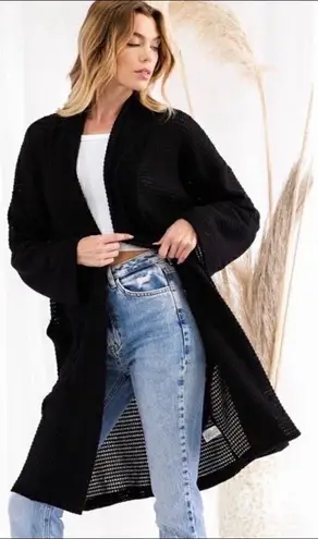 CY Fashion Long Black Open Semi Sheer waffle Knit Cardigan Size Small