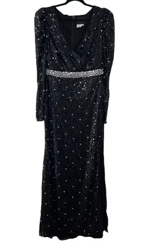 Mac Duggal NEW V Neck Sequin & Rhinestone Embellished High Slit Maxi Gown Black
