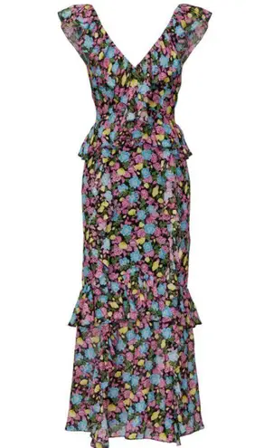Amur EVITA Multicolor Floral Silk Chiffon Ruffle Maxi Dress Size 16 Blue