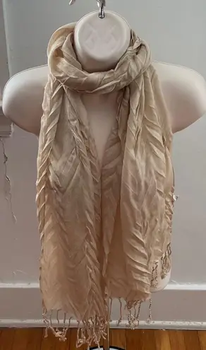 Beige Pleated Textured Acrylic Semi Sheer Scarf with Fringe Trim, size 69”x15” Tan
