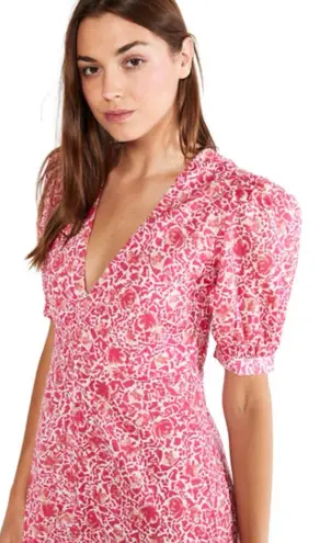 MISA Los Angeles Pink Floral Button Front Midi Dress Puff Sleeve L Made In USA