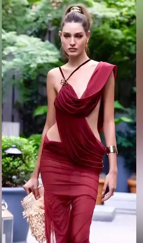 Bronx and Banco New Runway Natalia Runway Gown Dress in Burgundy Red