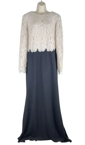 Tadashi Shoji Embroidered Lace Long Evening Gown Black Ivory Size 18