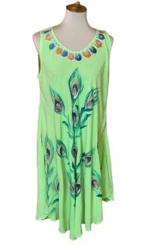 Vtg Y2K embroidered peacock feathers summer dress Green Size L