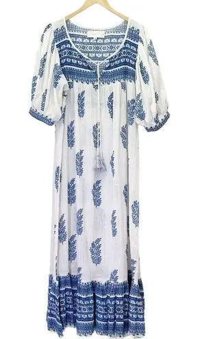 Daughters of India Mishka Boho Maxi Dress Azure Blue & White Cotton Size Medium