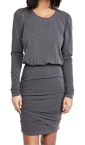 Sundry Anthropologie Charcoal Gray Long Puff Sleeve Shirred Ruched Mini Dress L