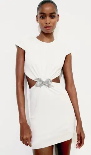 ZARA mini white dress cut out rhinestones bow wedding party coctail