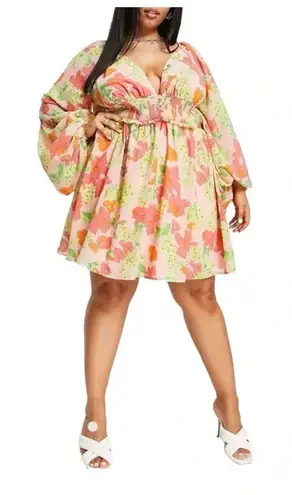 ASOS Curve Floral Soft Shirred Waist Mini Dress Peach Floral Women Plus Size 26 Pink