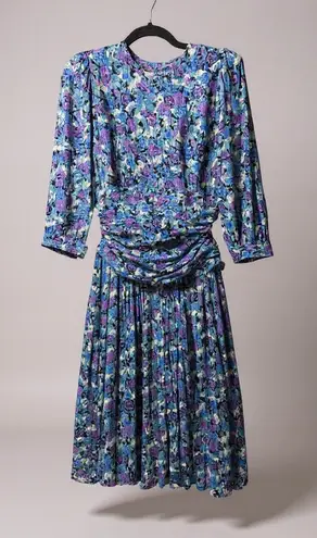 Vintage Floral Print Pleated Midi Dress Women's Long Sleeve Ruched Waist Purple Size 8