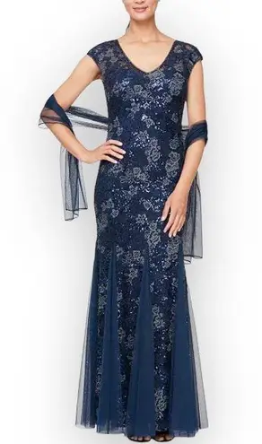 Alex Evenings Alex Navy Embellished Lace Gown & Shawl Size 10 NWT