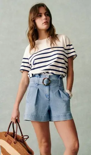 Sézane Conrad Short Sleeve Crew Neck Tee | Size Small | Cream/Navy Stripe