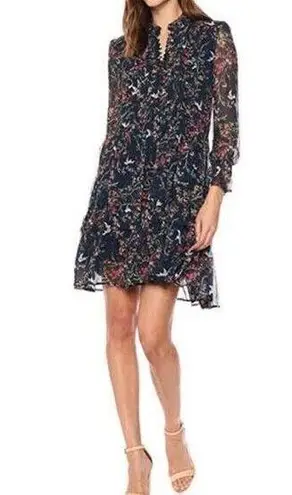The Kooples Sheer Floral Bird Silk Tiered Ruffle Dress Whimsical Cottagecore