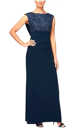 Alex Evenings Matte Jersey Empire Sequin Lace Bodice Cowl Back Navy Maxi Dress - Image 1