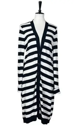 Soma Sweater Long Cardigan Button Front V-neck Black White Stripes Women’s Large