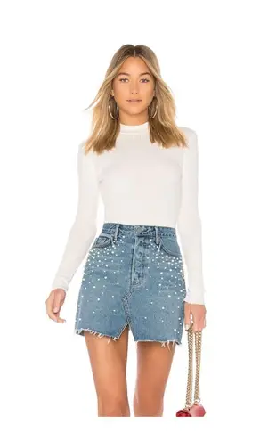Milla Embellished Crystal & Pearls Raw Hem Frayed Mini Denim Skirt Jean Skirt in Solstice Blue Size M