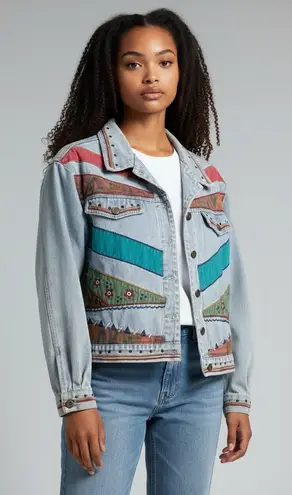 Petite Sophisticate Denim Jacket Southwestern Patchwork Embellished Size S