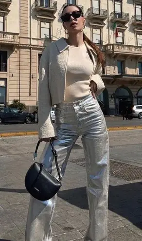 ダーマ Zara TRF MID WAIST LOOSE FOIL LONG WIDE LEG JEANS SILVER