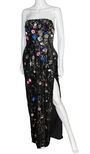 Mac Duggal Black Floral Sequined Strapless Column Gown 93695 Women’s Sz 8