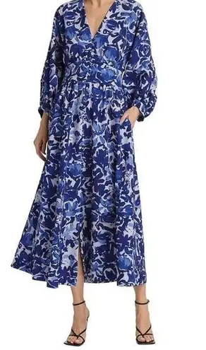 Lela Rose Tulip Crepe Floral Midi Dress Blue Size 8