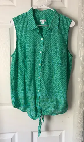 J. JILL Green Geometric Button Up bottom Tie Sleeveless Top women size L cotton Size L