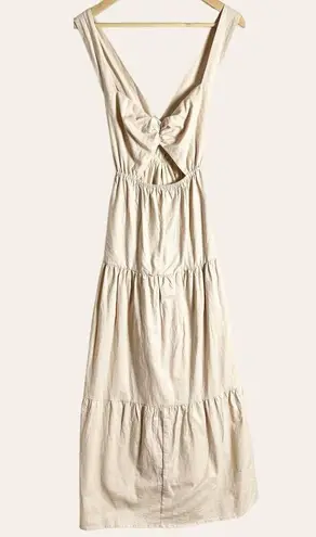 Charlie Holiday Lilian Oat Beige Tiered Cut Out Linen Midi Dress Size XL