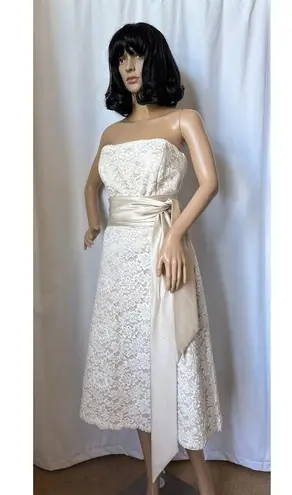 Dessy formal lace strapless bridesmaid dress long sash bow ivory 12 White