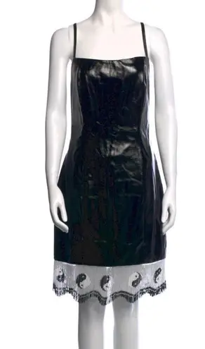 STAUD NWT Joan Yin Yang Dress Beaded Fringe Black Faux Leather Sleeveless sz 10