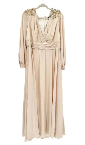 Mac Duggal Porcelain Beaded Long Sleeve V-Neck Formal Gown Dress Size 16