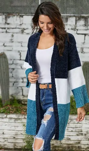 BLUE MULTI WHITE COLOR BLOCK VELVET CHENILLE CARDIGAN SIZE XL (16