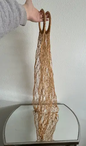 Vintage 90s Handmade Woven Straw Crochet Net Jute Farmers Market Large Tote Bag Tan